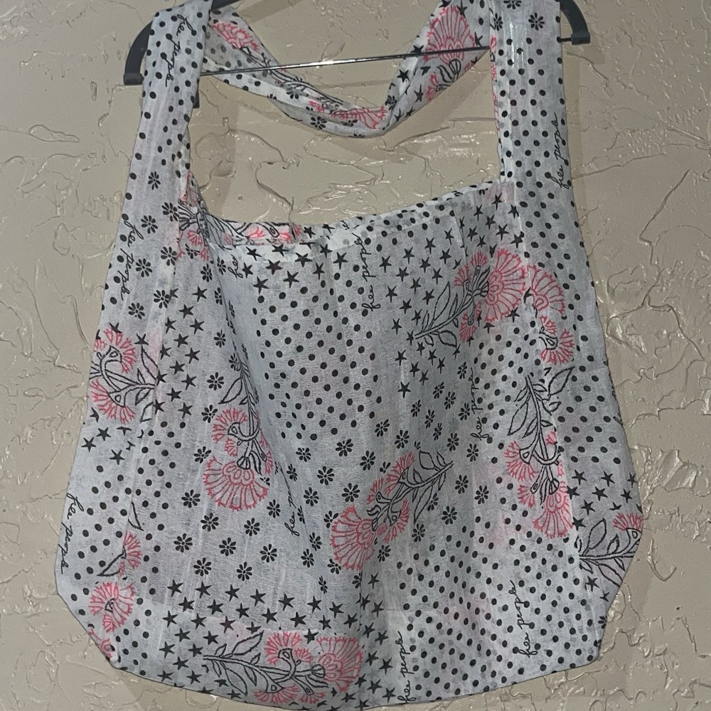 Free People Gauze Muslin Reusable Tote Bag‎ White/Pink Print NEW 12 X 15"
